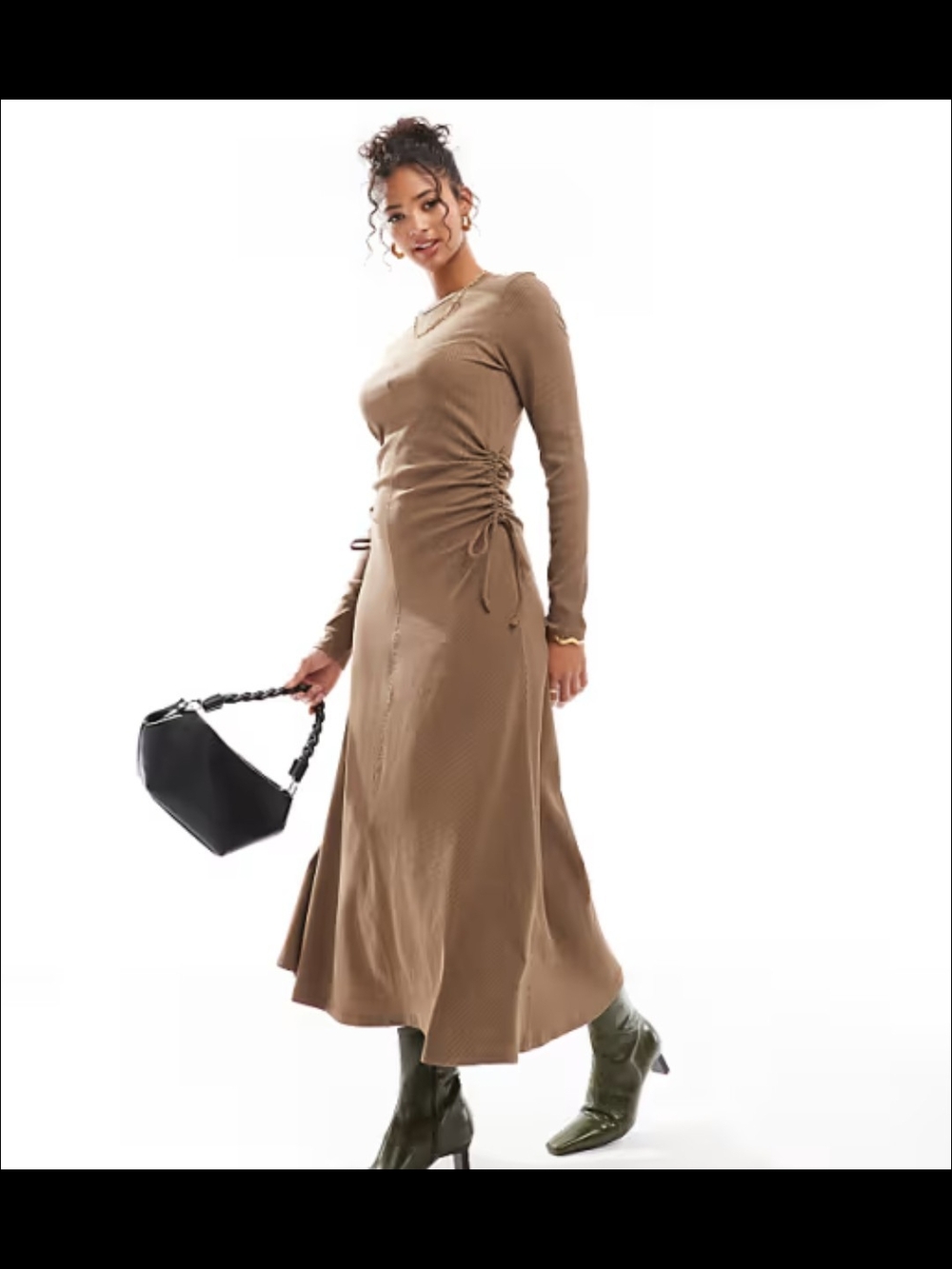 ASOS Long-Sleeve Side-Ruched Midi Dress in Brown